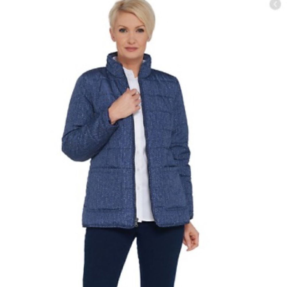 Denim & Co Denim Print Quilted Zip Front Puffer Jacket Indigo